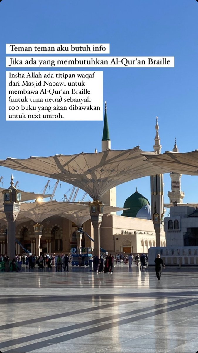 Hallo. Mau meneruskan info, barangkali ada yang butuh Al Qur’an Braille bisa mengubungi Savira melalui DM di IGnya <a href="/savirakhanza/">Savira Khanza R</a>. 
Terima kasih.