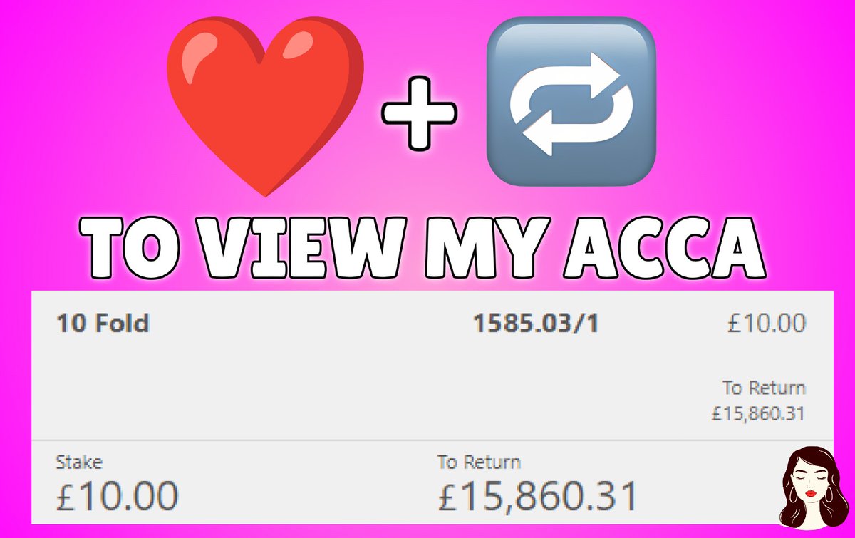 More winning bets tonight anybody? 🫶

My plan today is to post 3 levels of Accas! 😜

Everybody who ❤️ and retweets this tweet will be able to see my 1585/1 monster acca for tonight! 👀

£10 returns £15,860 😍

Turn my notifications on and follow to receive my tips for FREE🔔