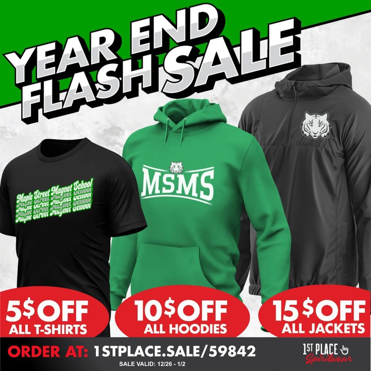 Flash Sale Alert 🚨 Get huge savings this week on MSMS spirit wear! All jackets $15 off, all hoodies $10 off and all tees $5 off! Visit: 1stplace.sale/59842