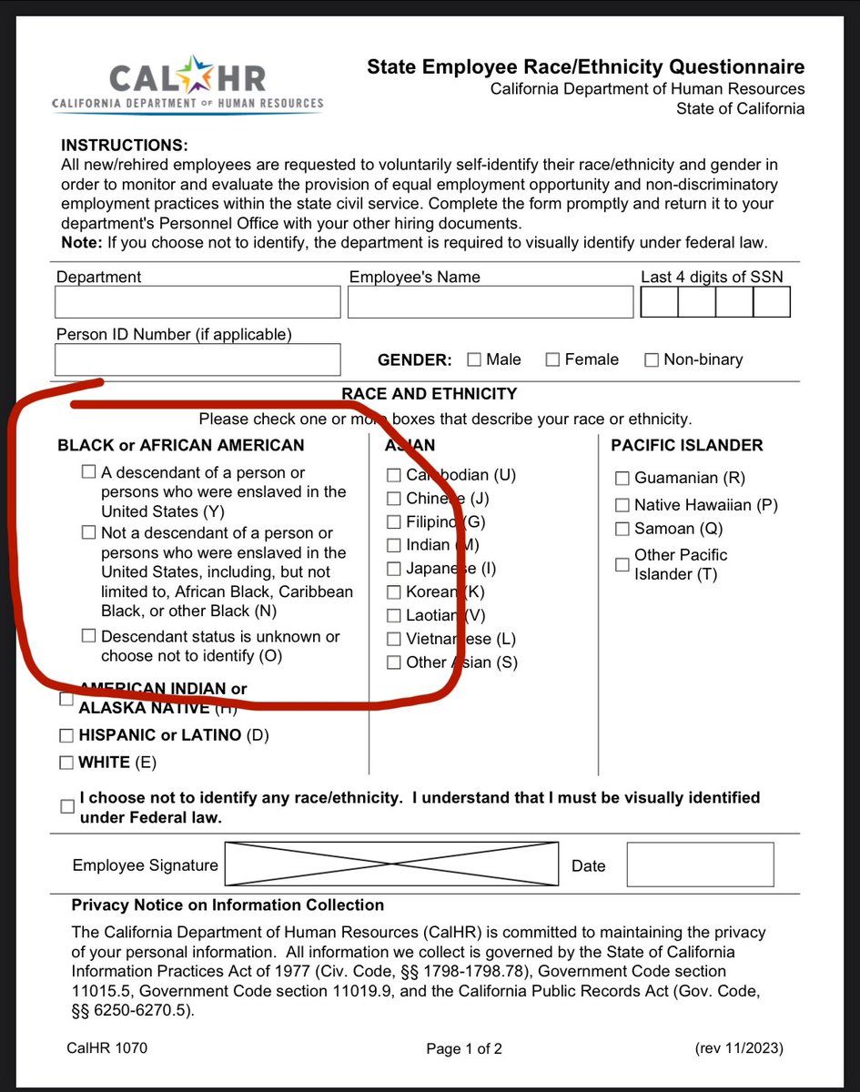 Chad_Boogie's tweet photo. Meet the *NEW* Race/Ethnicity Questionnaire for CA state employees!#Form1070 goes live on 1/1/24!

@CalHR_gov officially disaggregated “Black/AA” &amp; created a specific category for Descendants of Persons Enslaved in the US. #SB189

Flat blackness is dead.🪦 
#LineageMatters ✊🏾💪🏾🔥 https://t.co/8W5Gz1thGM