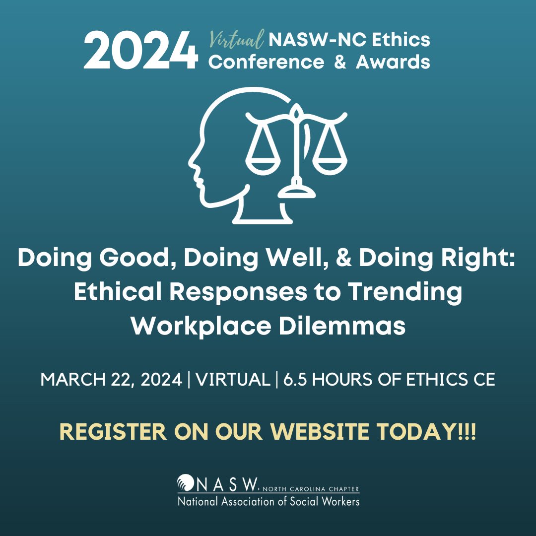 Registration is OPEN for the 2024 NASW-NC Ethics Conference and Awards, to be held on March 22, 2024! This year's theme is “Doing Good, Doing Well, & Doing Right: Ethical Responses to Trending Workplace Dilemmas.'⁠ Register on our website today! naswnc.org/page/59