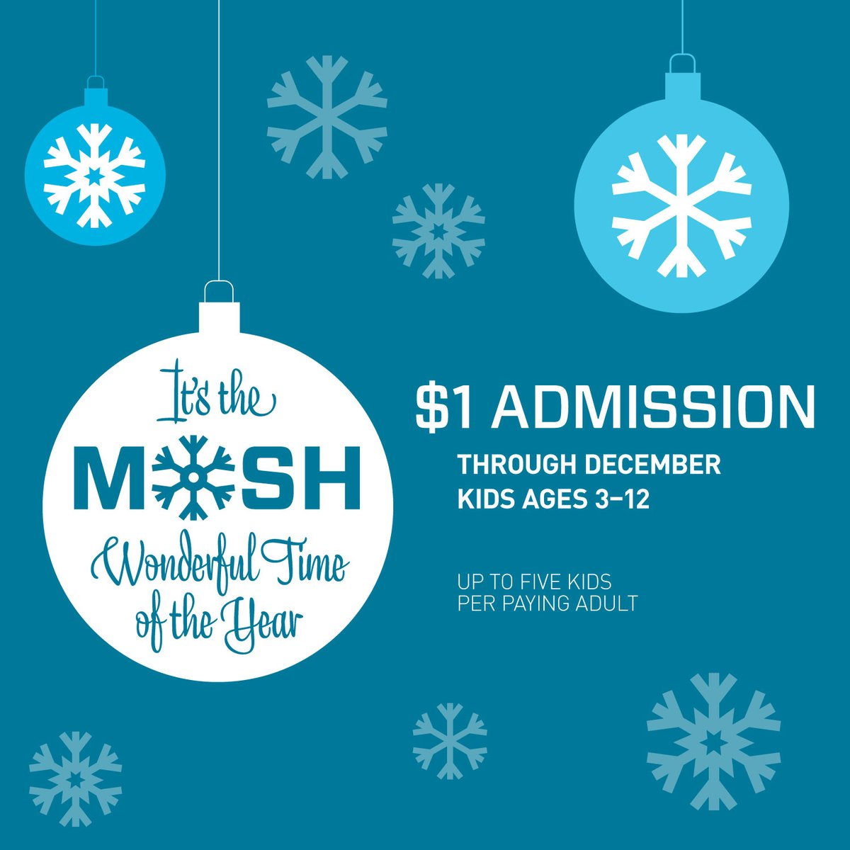 Last weekend for $1 admission for children ages 3 through 12! The discounted tickets must be purchased at the Front Desk. As a friendly reminder, the Museum will be closed on Monday, Jan. 1, and will additionally open on Tuesday, Jan. 2 for Winter Break. themosh.org/visit/visitor-…