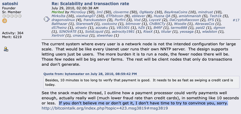 trustmachinesco's tweet photo. "If you don't believe me or don't get it, I don't have time to try to convince you, sorry."

This 2010 quote from Satoshi discusses how 10-minute block times could still allow for payments by relying on "payment processor" nodes.

Scaling Bitcoin via L2s was the plan all along 🚀 https://t.co/tTUWEwZ5Zx