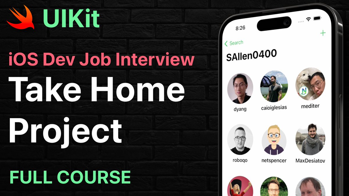 I've released my 16-hour GitHub Followers course for FREE on YouTube.

RT for reach if you think it can help someone!

- Mock take home project (job interview)
- 100% Programmatic UI (UIKit)
- No 3rd party libraries
- Full curriculum below

▶️ VIDEO - youtu.be/JzngncpZLuw