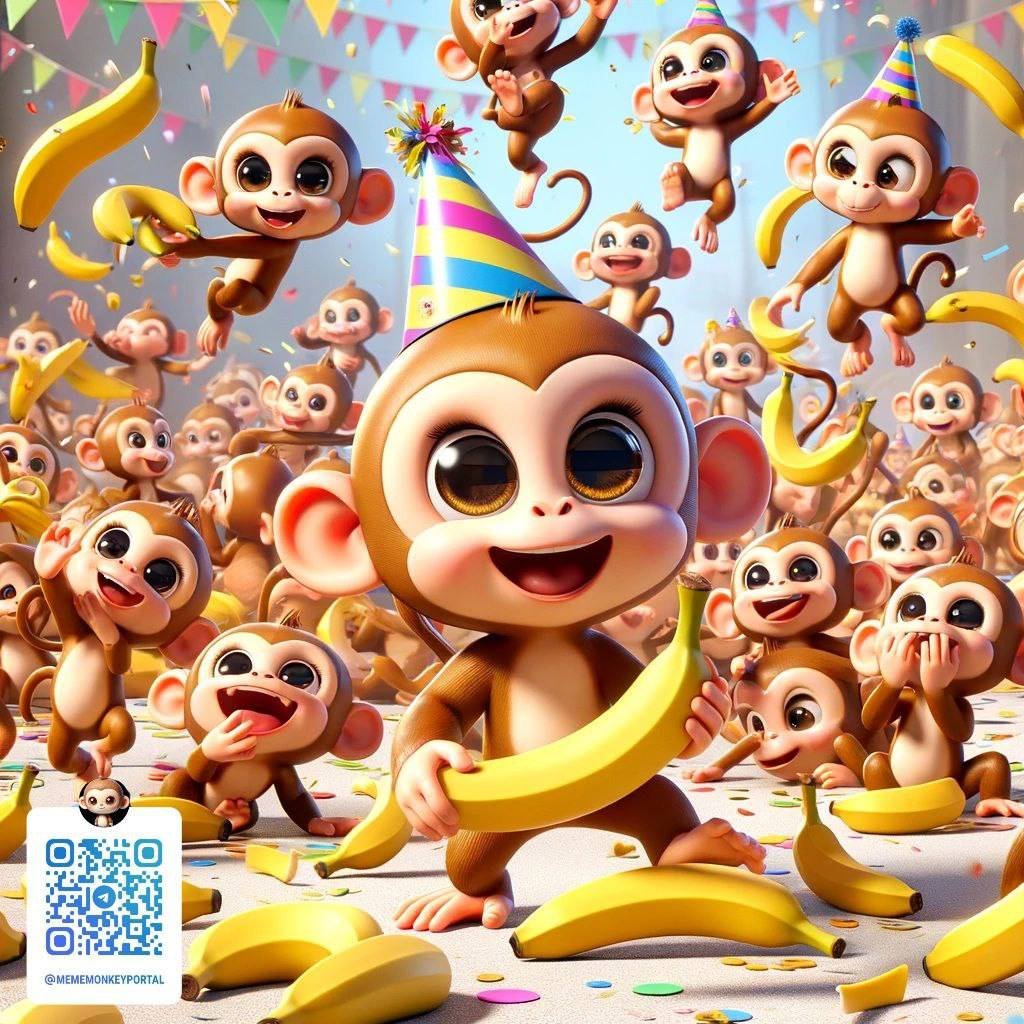 MemeMonkeyBSC's tweet photo. Bananas, party hats, and monkeyshines! 🍌🎉  
Monkeys are turning the weekend into a wild 
celebration. 🥳
Who knew chaos could be this cute? 🐒🌴

#MonkeyMischief #WeekendVibes #3DPlaytime https://t.co/nOFoq9c6FB