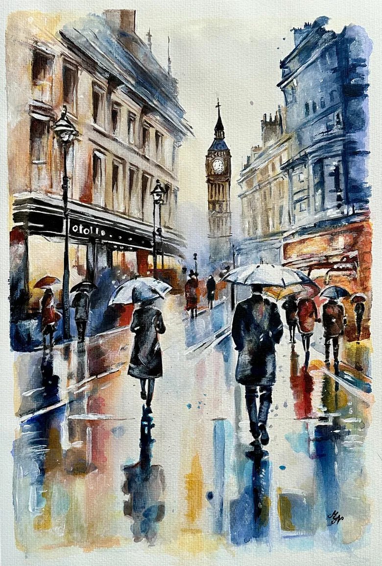 artfinder.com/product/walkin… #cityscape #London #greatbritain #walking #rainydays #bigben #Reflections #painting #homedecor #FreeShipping