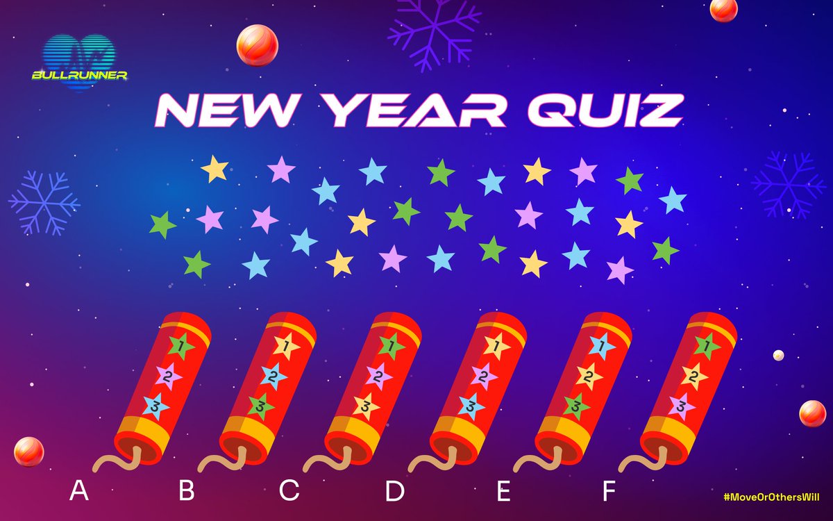 BullrunnerGame's tweet photo. 🎄 New Year Quiz

🎆 Each firework contains 6 stars: 1, 2 or 3 stars of the corresponding color

👀 What firework wasn't set off? Write in the comments:

Letter + #Bullrunner + tag 2 friends + 🔄

🍀 On Sunday, 10 lucky winners will get 2,5k $TIC

🎯 The fastest will get 5k $TIC https://t.co/gpMs89MTza