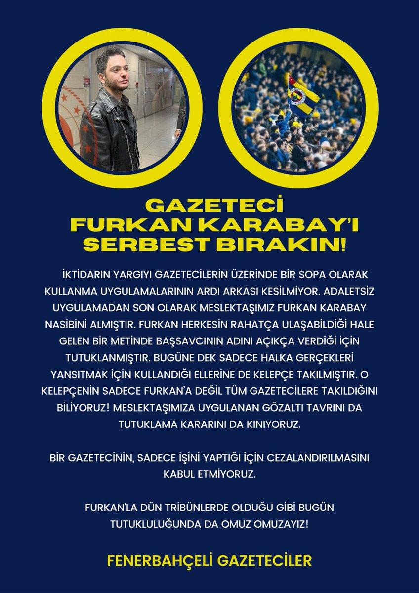 FBGazeteciler's tweet photo. Gazeteci Furkan Karabay yalnız değildir! Fenerbahçeli Gazeteciler olarak açıklamamız ⬇️ https://t.co/DTuDP9DQAP