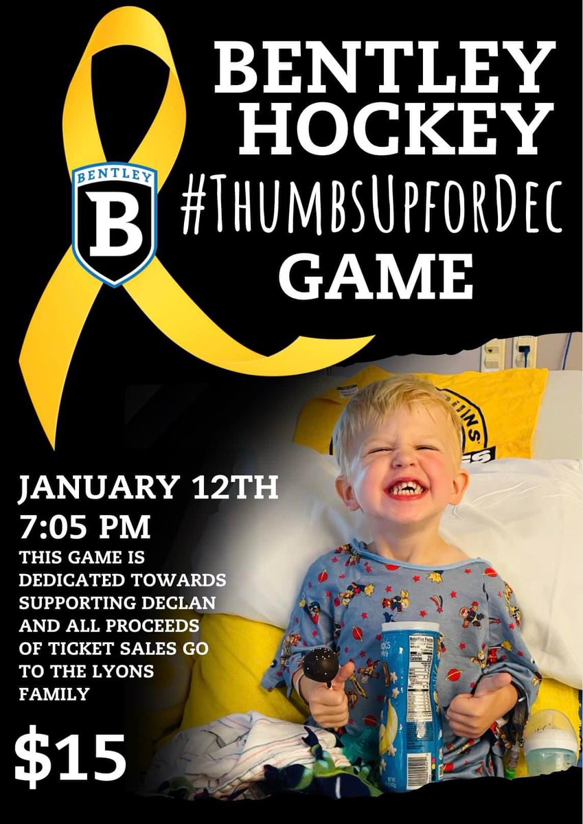 **Friday, 1/12/24** 
<a href="/BentleyHockey/">Bentley Hockey</a> will be hosting a #Thumbsupfordec night at their 🏒 game vs <a href="/sacredheartuniv/">Sacred Heart University</a>  Tickets are $15 &amp; 100% of proceeds will go to Declan as he fights brain cancer 🎗

Comment below if you want tickets

Follow Declan’s journey
caringbridge.org/visit/thumbsup…