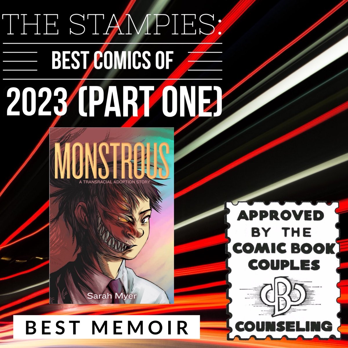 We named MONSTROUS: A TRANSRACIAL ADOPTION STORY by @SMyerComics Best Memoir of 2023. Hear us celebrate Myer’s journey through self-discovery, identity, & fandom on our BEST COMICS OF 2023 episode🔗🧵⬇️