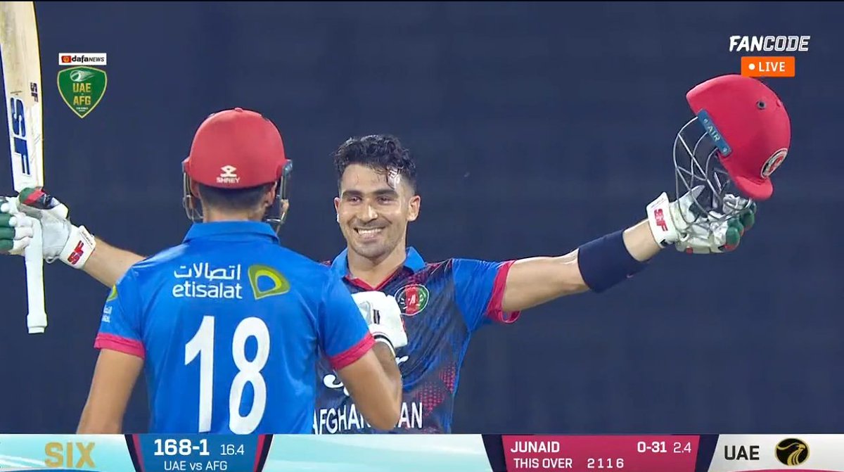 It's T20I 💯 for Rehman ullah Gurbaz against UAE.

100 on just 50 balls with 7 4s and 7 sixes. 

What a knock 🔥🔥🔥🔥🔥

#UAEvAFG #AFGvsUAE