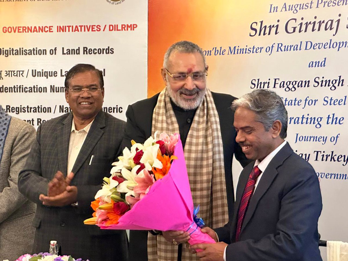 girirajsinghbjp's tweet photo. Attended the farewell of Land Resources Secretary Shri Ajay Tirkey, IAS. 
His exemplary service has been instrumental in the success of flagship schemes of the Modi Government, including DILRMP, ULPIN, watershed development, and more. 
Wishing Shri Tirkey ji a grand success in all his future endeavors. His dedication and contributions have left an indelible mark, and he will be remembered for his outstanding service to the nation.