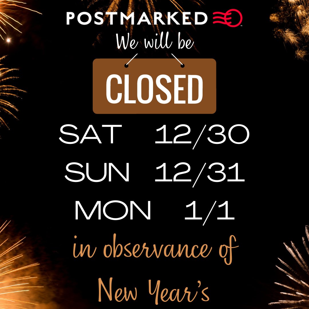 In observance of New Year's we will be closed Sat 12/30 - Mon 1/1.  We'll reopen at 9am on Tues 1/2.