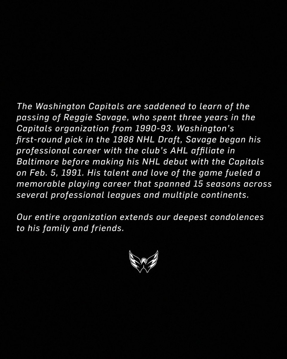 Washington Capitals statement on the passing of club alum Reggie Savage: