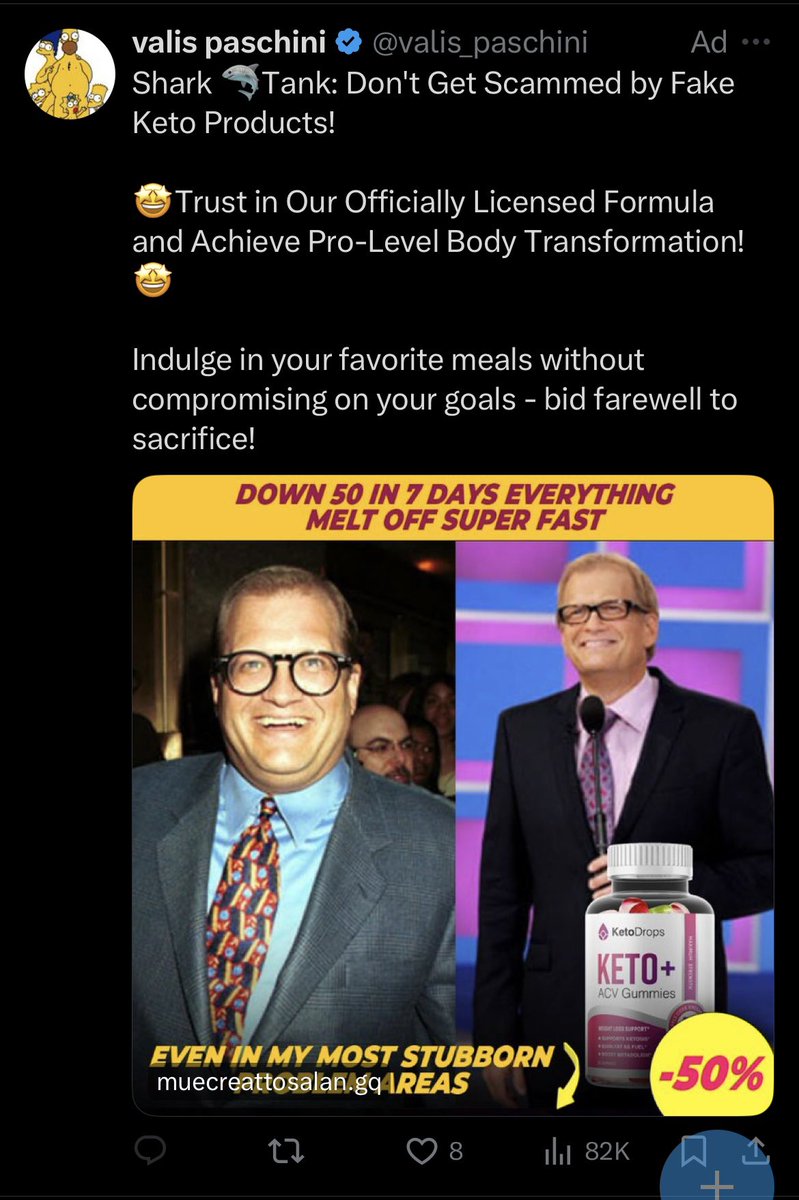 innerbitter's tweet photo. The other scammy ad that’s stalking me across “X” is this one for apple cider vinegar gummies, which I’ve seen *nine times* today, as of 10:30 AM. https://t.co/kmoZEwEt3S