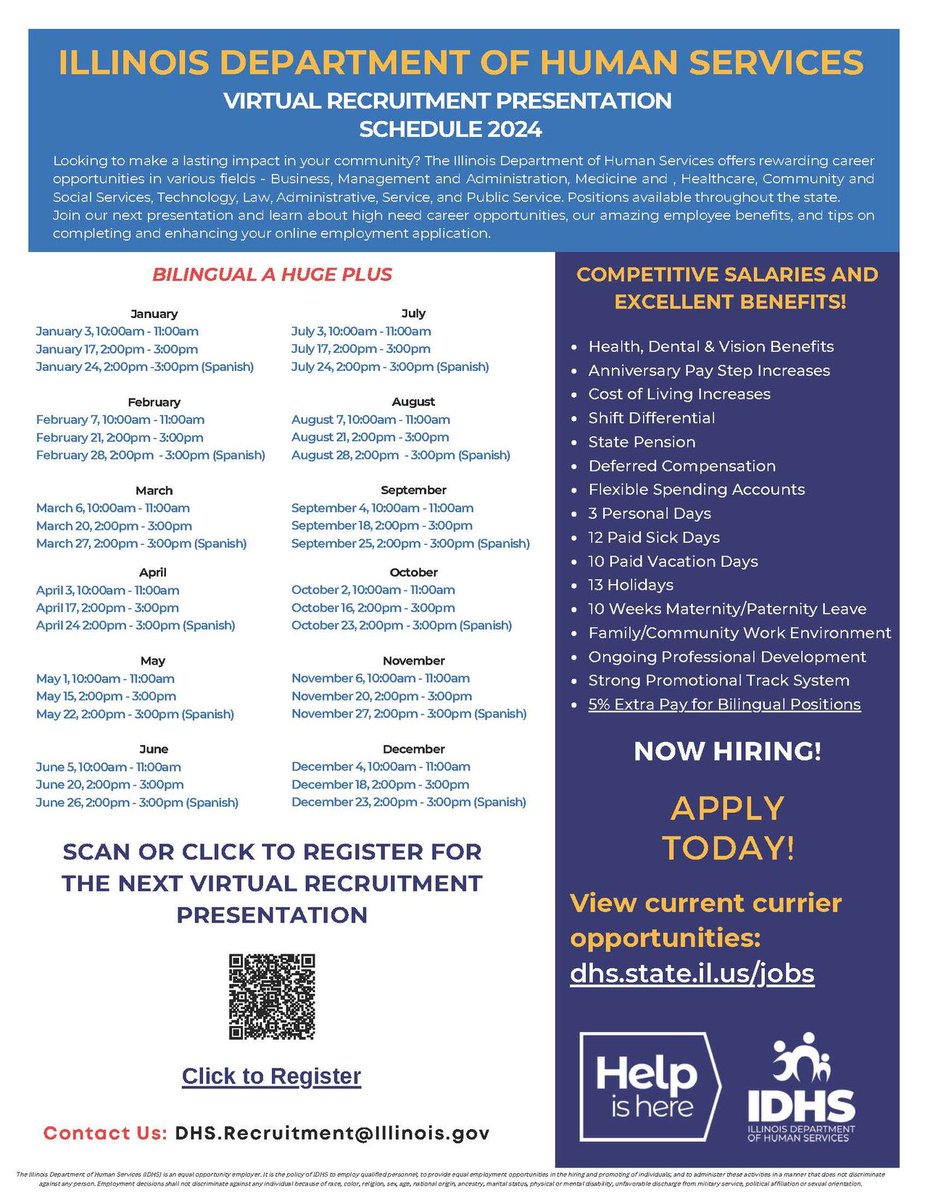 📣We're hiring! 

To learn more about the numerous job opportunities available, please visit the link on the attached flyer or sign up to attend one of our Virtual Recruitment Presentations. It's available in English and Spanish. 👇

#recruitment #jobshiring #publicservice