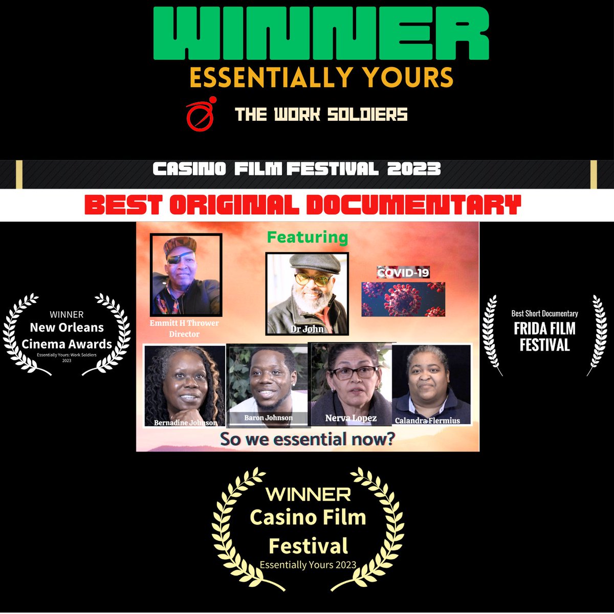 We Won! ESSENTIALLY YOUR: The WorkSoldiers Best Original Documentary Mental Health and Covid 19 @dasoultoucha @tylerperry @TPstudios @IssaRae #pandemic #essentialworkers #mentalhealth #disabled #disability #disabilities #Bronx #award @WabiSabiProd @pigsinabowl #festival