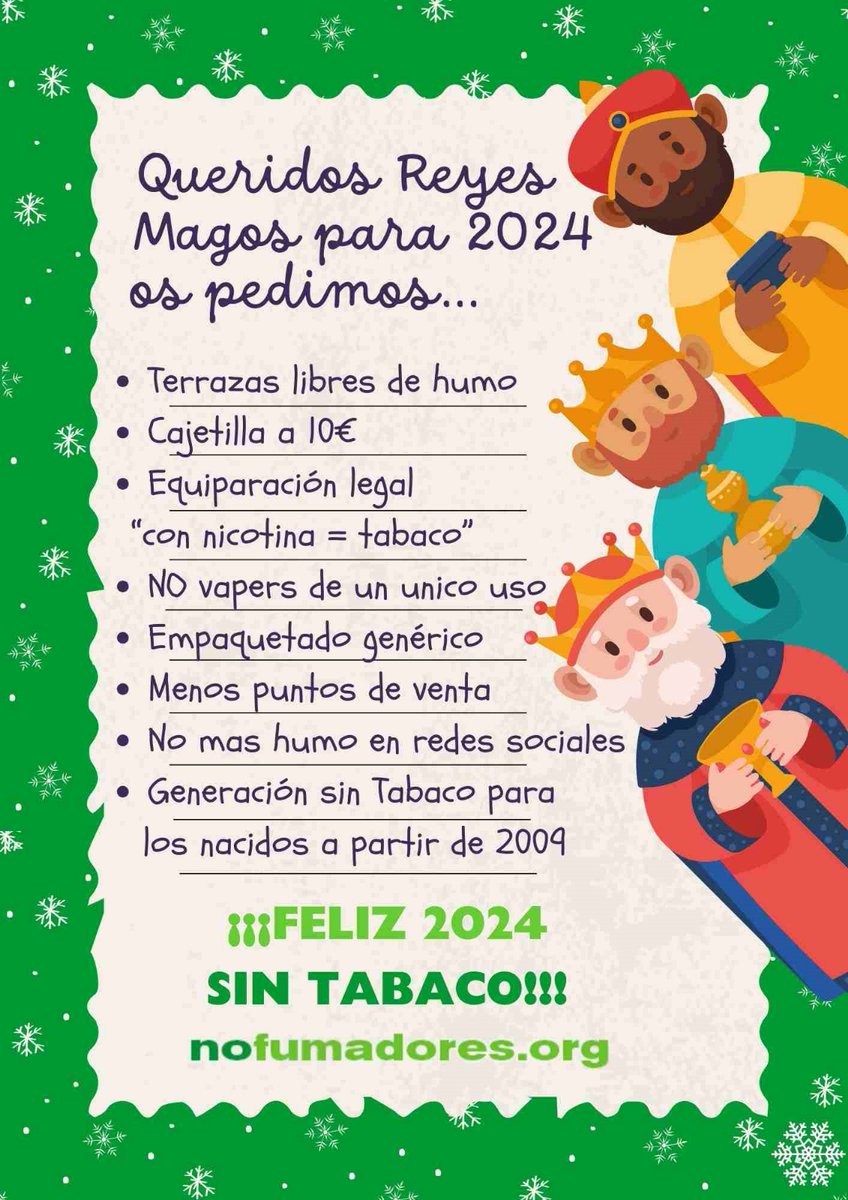 nofumadores's tweet photo. La mejor lista de los Reyes Magos es la que impedirá que nuestros hijos caigan en las garras de la industria tabaquera. Se la mandamos a todos los partidos políticos que serán los artífices de la Primera Generación Sin Tabaco. Para que el cigarrillo sea una pieza de museo. https://t.co/I82gP5uC7K
