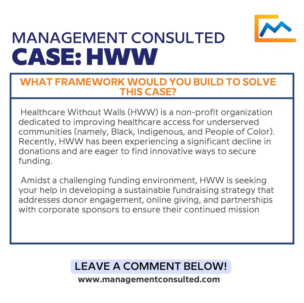 MConsulted's tweet image. Another Framework Fridays brings us to this prompt - how can HWW increase donations?

Put your framework/strategy in the comments!

#Consulting #Caseprep #Interviews #MBB #Success