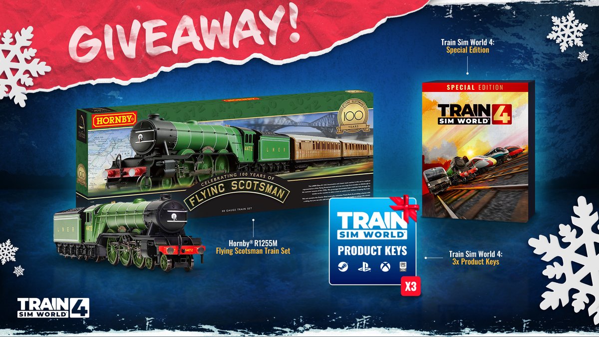 trainsimworld's tweet photo. 🎉 GIVEAWAY ALERT! 🎁

We're thrilled to announce our Festive Giveaway with @Hornby🎄

🚂 Flying Scotsman Train set
💫 Train Sim World 4 Special Edition 
🔑 x3 Add-on keys

Enter here ➡️ https://t.co/KkAbehcTrY

#TrainSimWorld4 https://t.co/vXSFxwzKs5