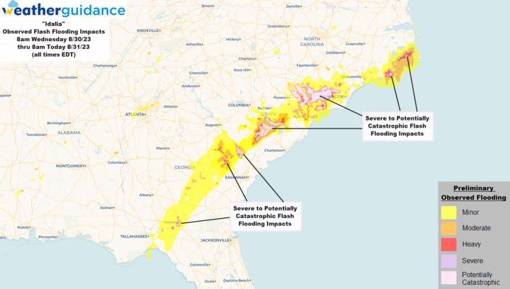StormIntel's tweet photo. One significant event of 2023 occurred on 8/30 as category 3 Major Hurricane Idalia made landfall on the coastal bend of FL with significant winds up to 90mph &amp; major flash/coastal flooding across parts of NW FL &amp; the Carolinas 
#Insuretech #claims #riskmanagement #EventResponse https://t.co/BqspFdwPCC