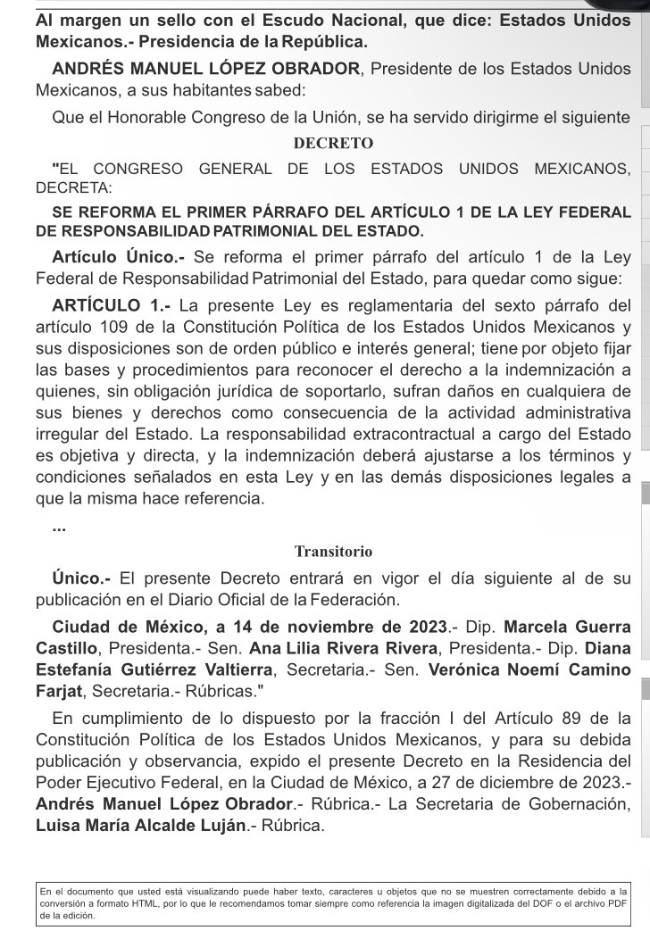 LisMuoz5's tweet photo. Hoy se publica en el #DOF una reforma al artículo 1ro de la Ley Federal de #ResponsabilidadPatrimonial del #Estado comparto el texto https://t.co/M4wtnE62c6