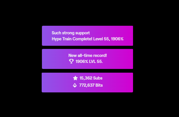 Today we have retaken the <a href="/Twitch/">Twitch</a> Hype Train throne from <a href="/AdmiralBahroo/">Bahroo</a>. Thank you my friend for keeping it warm for the Goblins.

Jokes aside this is an absolutely outrageous amount of support. I can't thank you all enough, Bahroo and his community included.

You're amazing.💜💛