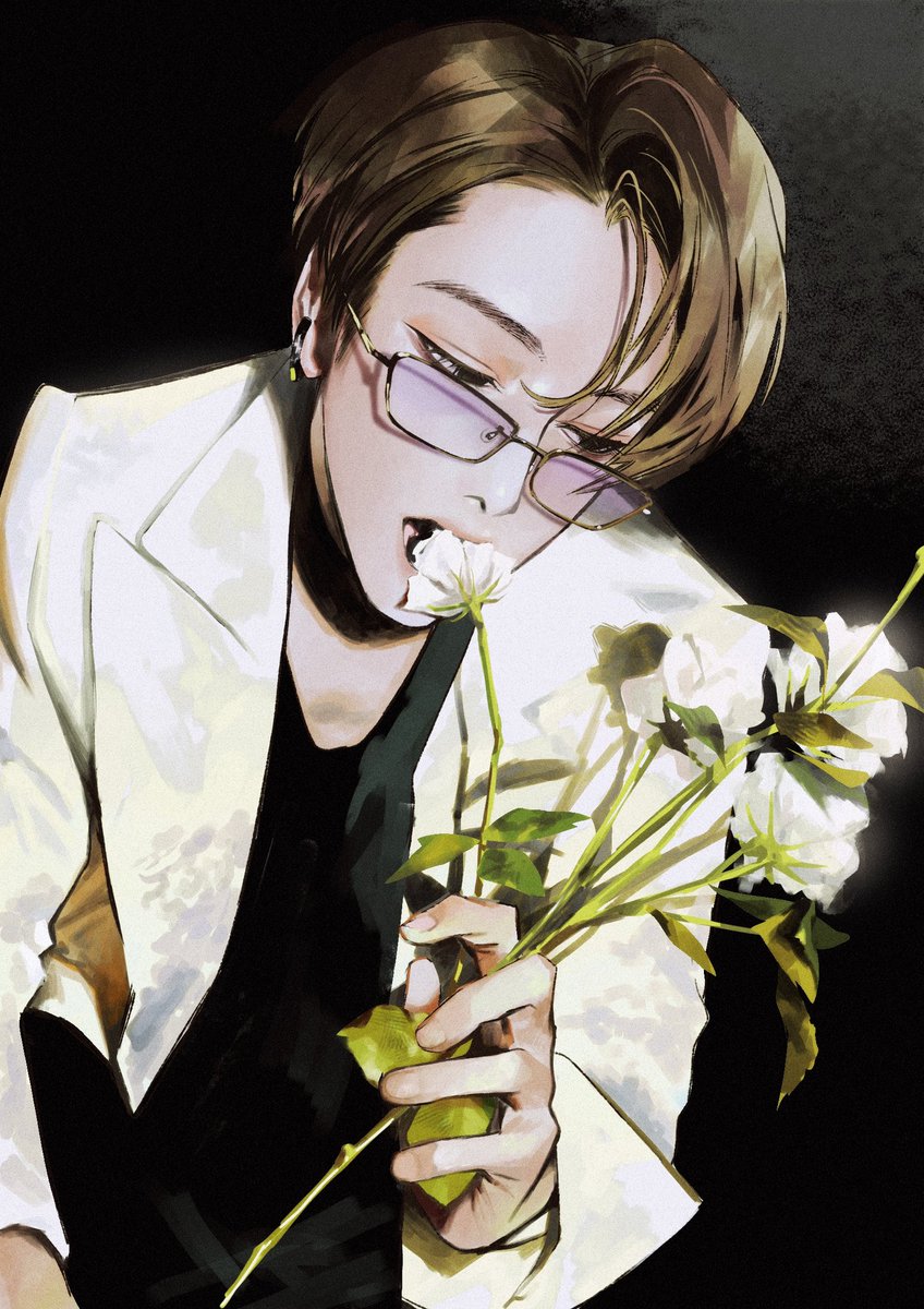 flower glasses solo black background brown hair holding 1boy  illustration images