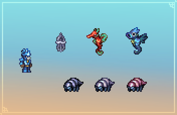 Some more creatures im working on for the Sunken sea┃#Terraria #pixelart #ドット絵 #calamitymod
