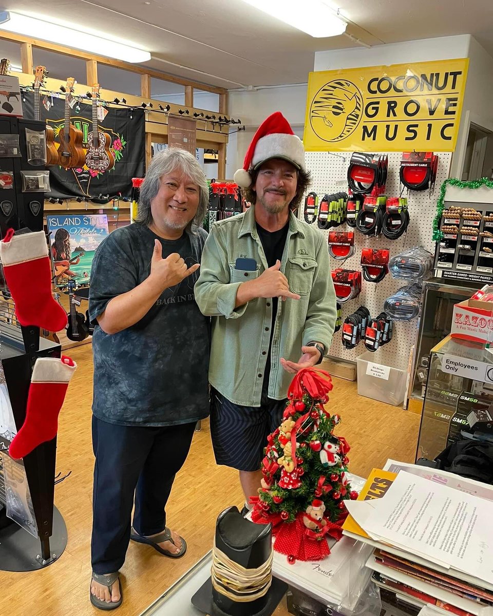 Eddie Vedder bought guitars for three young children on Christmas. My Kailua posted, 'Early this week, Eddie Vedder of Pearl Jam came into Coconut Grove Music and asked the salesman if there was a guitar teacher who has taught there for many years. So I got a text to come out of