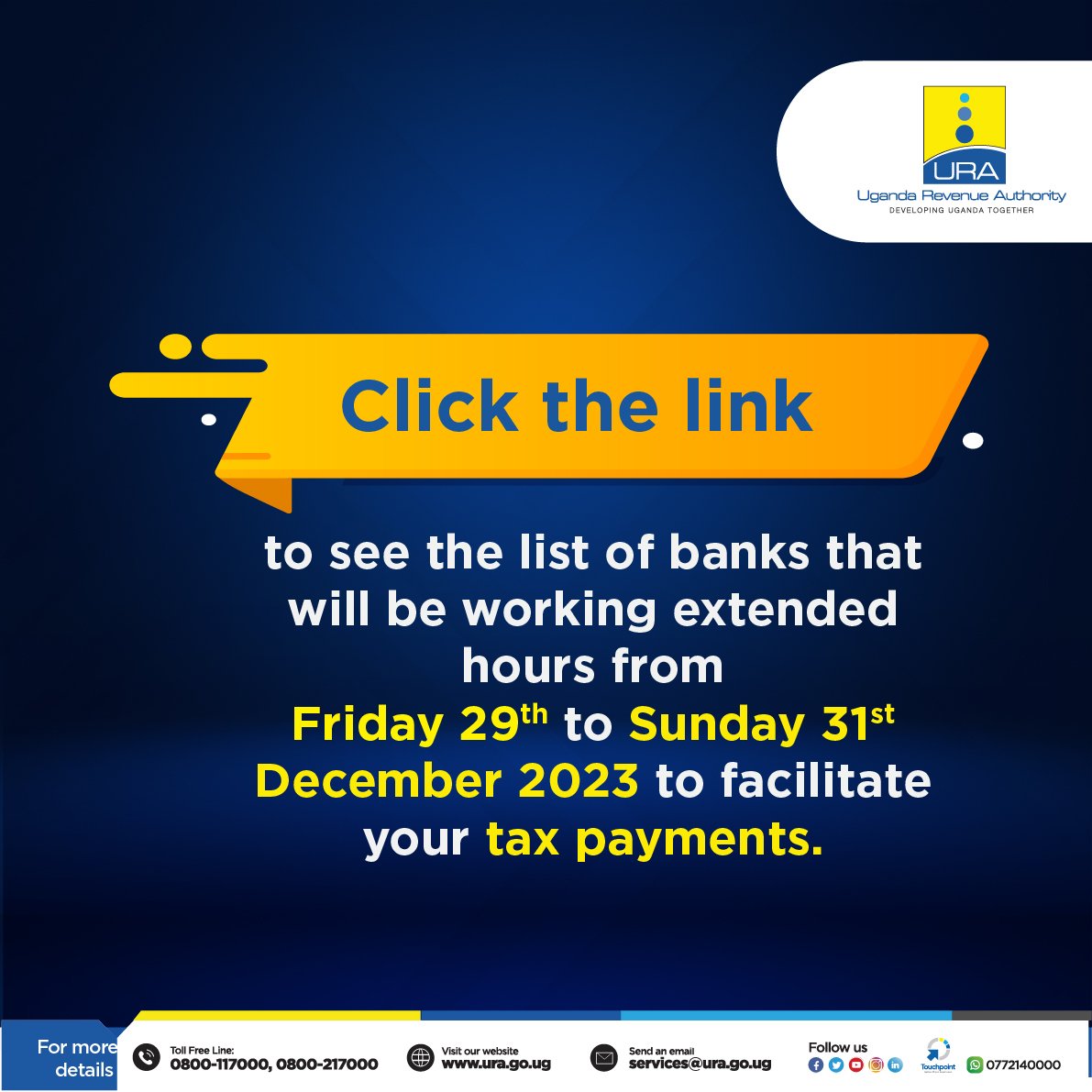 As the Return Filing Deadline approaches, the following banks have committed to keep their doors open and ensure that you beat the deadline.  

Use this link to find out which one of your bank branches is open till late all weekend long. 

ura.go.ug/wp-content/upl…

#URATickTock