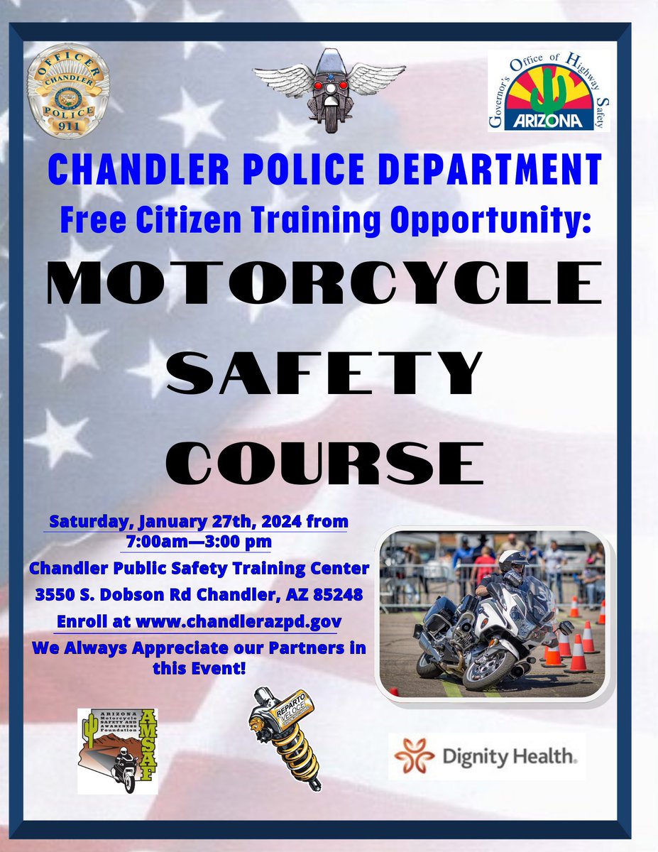 ChandlerPolice's tweet photo. We are calling all riders! Chandler Police Department is offering a FREE motorcycle safety course. Gear up for knowledge and hit the road with confidence. ๐จ๐๏ธ
Register today, https://t.co/uHea9scqmU #SafetyFirst #ChandlerPD #ChandlerAZ #MotorcycleSafetyCourse
@cityofchandler https://t.co/YpPjdTw44d