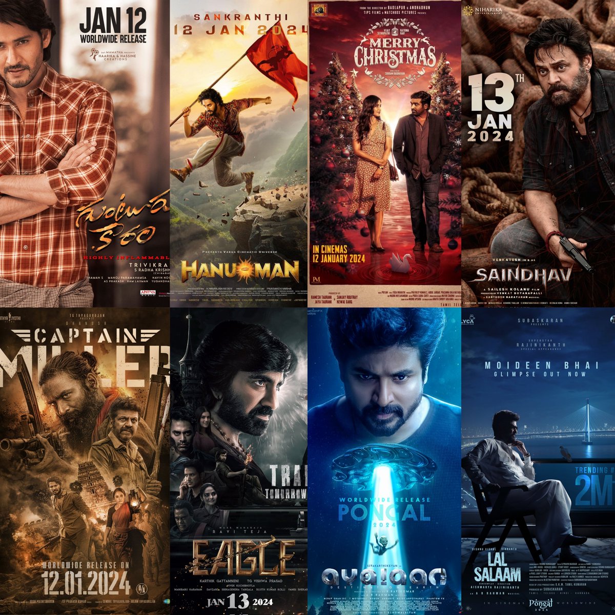 Biggest Sankranti 2024 clash coming up 🥁

#GunturKaaram - 12th Jan
#CaptainMiller - 12th Jan
#Hanuman - 12th Jan
#MerryChristmas - 12th Jan

#Eagle (#Sahadev) - 13th Jan
#SAINDHAV - 13th Jan

2 Movie date out soon (chance postponed)
#Ayalaan, #LalSalaam - Pongal

#Sankranti2024