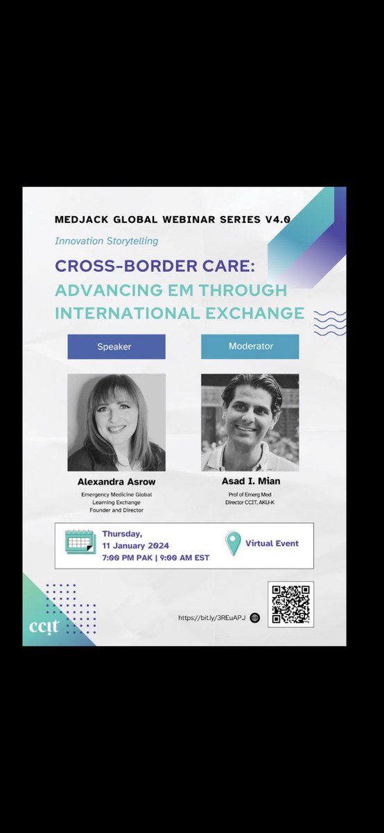 EMGLEX1's tweet photo. Excited to announce our next collab with our friend Dr. Asad Mian, we hope you will join us! 
#MEDJACK #GlobalWEBINARS 
📅Thursday, January 11, 2024 
🕔 7:00 PM PAK | 9:00 AM EST 
📍 https://t.co/KqyBNAinJz

#MedjackWebinar #HealthcareInnovation #EmergencyMedicine #GlobalHealth https://t.co/yZhbObTaFz