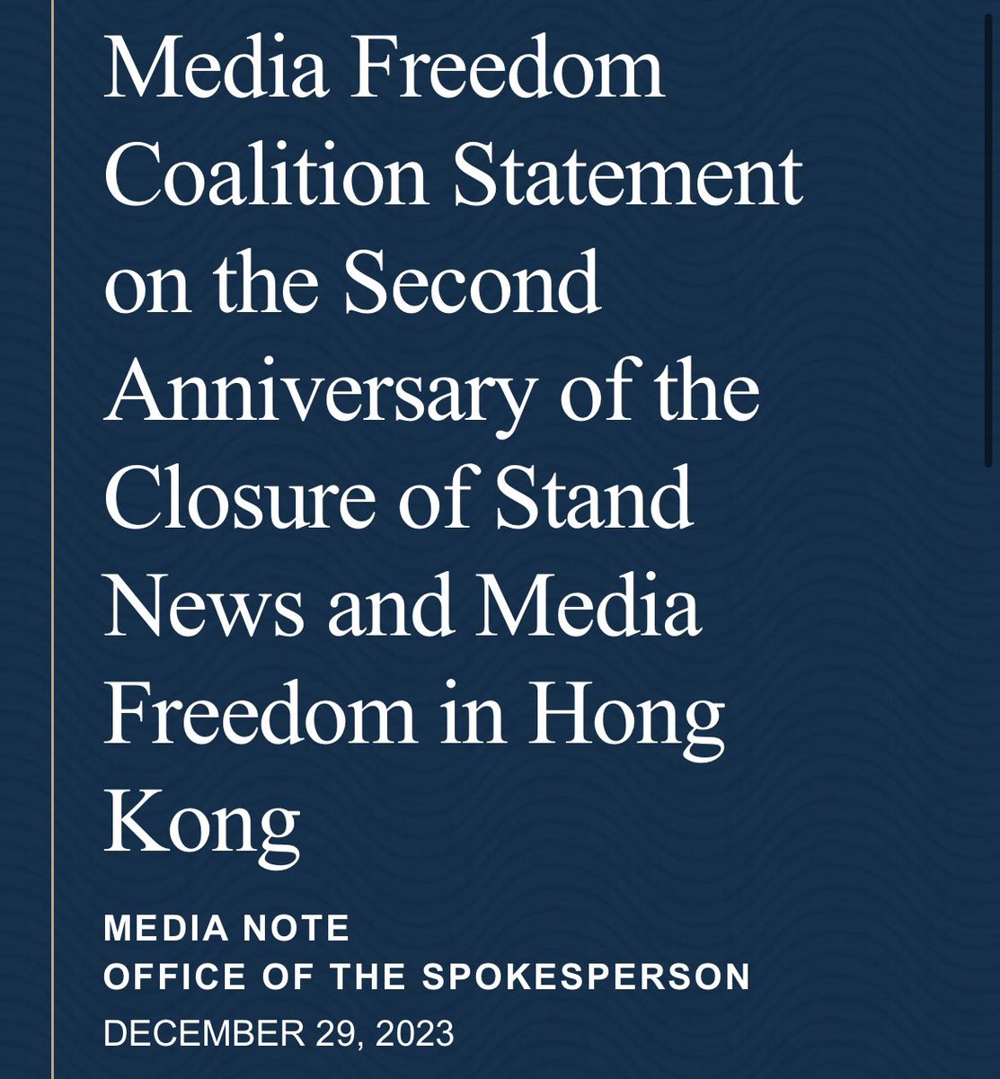 24 countries jointly issue a statement to express deep concerns for the media freedom in Hong Kong on the 2nd anniversary of the closure of #StandNews.

“The free flow and exchange of opinions and information is vital to Hong Kong’s people, business and international reputation.”