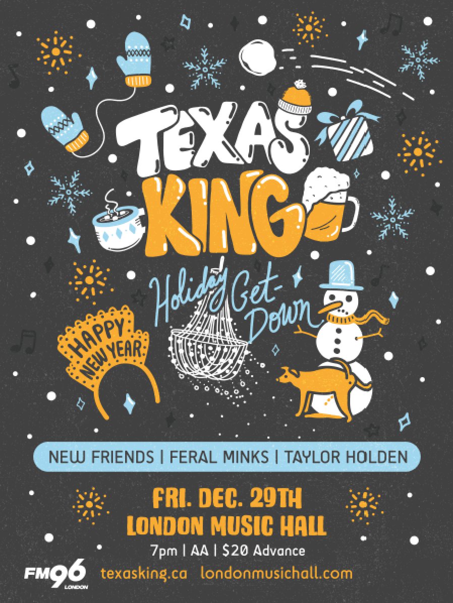 SummerCamp Productions (@scp_ldnont) on Twitter photo Tonight! 5th Annual Holiday Get-Down <a href="/londonmusichall/">London Music Hall</a> ! Doors 7PM. All Ages.
8:00 @itstaylorholden
8:45 Feral Minks
9:30 <a href="/newfriendsmusic/">New Friends</a>
10:30 <a href="/TexasKingBand/">Texas King</a>
🎟️ Limited tickets still available at londonmusichall.com, or at the door
<a href="/FM96Rocks/">FM96</a> <a href="/Downtown_London/">Downtown London</a> #ldnont Tonight! 5th Annual Holiday Get-Down <a href="/londonmusichall/">London Music Hall</a> ! Doors 7PM. All Ages.
8:00 @itstaylorholden
8:45 Feral Minks
9:30 <a href="/newfriendsmusic/">New Friends</a>
10:30 <a href="/TexasKingBand/">Texas King</a>
🎟️ Limited tickets still available at londonmusichall.com, or at the door
<a href="/FM96Rocks/">FM96</a> <a href="/Downtown_London/">Downtown London</a> #ldnont