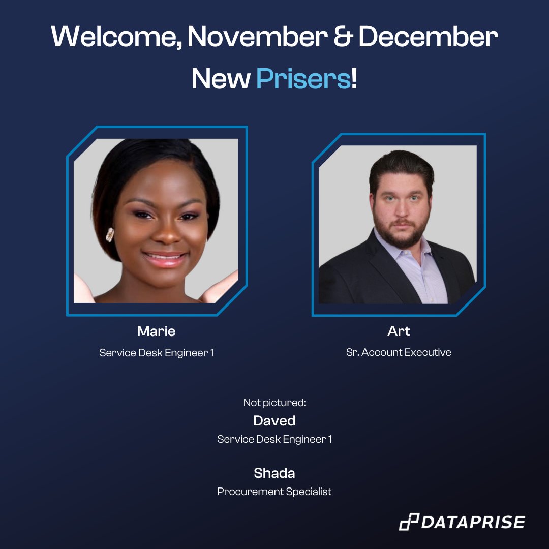 Dataprise's tweet image. Join us in welcoming our November and December #NewPrisers to the #Dataprise Family!

#Newhire #NewEmployee #Welcome #NewPrisers #winningwithIT #topworkplace #lovewhereyouwork