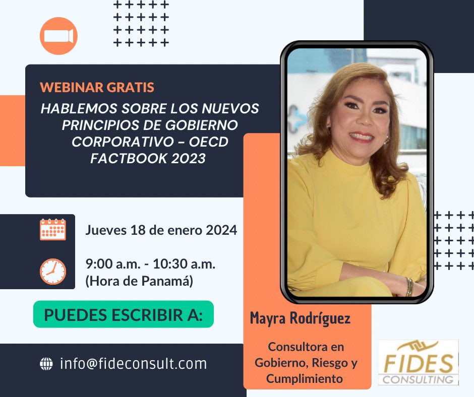 Este año 2023 la OECD emitió nuevos principios de Gobierno Corporativo, por lo que el próximo mes de enero estaré compartiendo, las nuevas tendencias y sanas prácticas. 

Puede inscribirse a través del siguiente link:

us06web.zoom.us/meeting/regist…