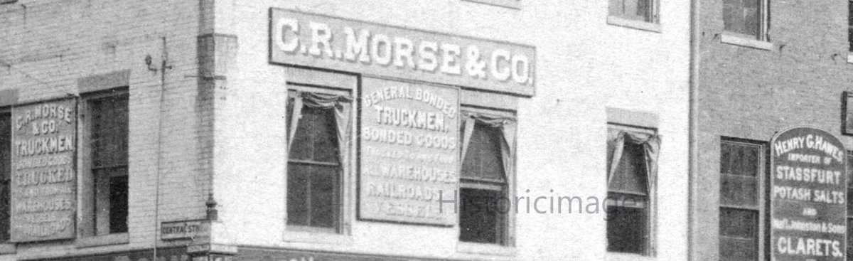 Historicimage's tweet photo. C. 1870 Custom House Restaurant, Boston with staff outside. Also, the offices of ' C. R. Morse and Co. Truckmen ' and ' Henry G. Hawes ' importers of salt and Claret. Photo by Rand & Latto of South Boston. #historicimage #Boston https://t.co/ul9HhX3YuA