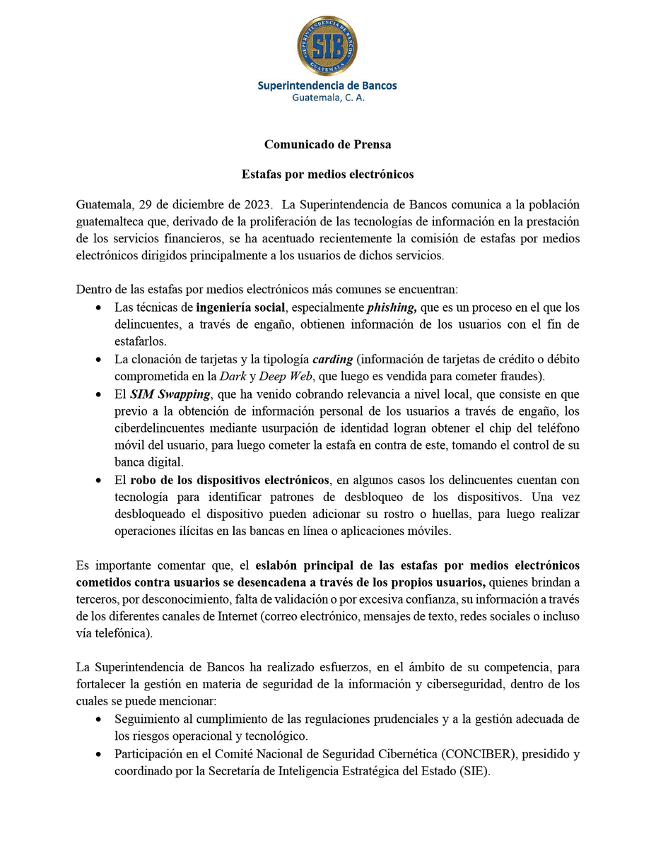 sib_guatemala's tweet photo. 𝐂𝐎𝐌𝐔𝐍𝐈𝐂𝐀𝐃𝐎 | Estafas por medios electrónicos:
⁣
#SIBGuatemala https://t.co/BmoGGj4lgL