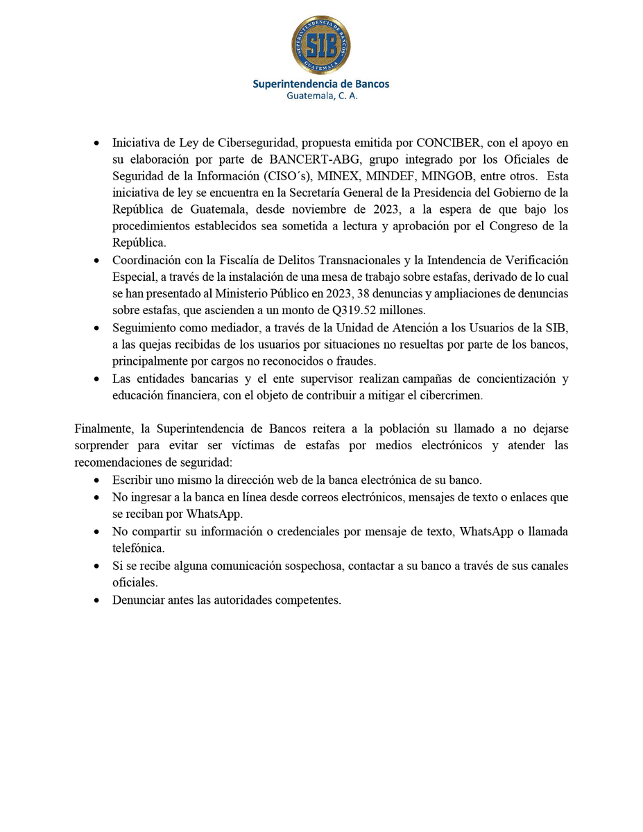 𝐂𝐎𝐌𝐔𝐍𝐈𝐂𝐀𝐃𝐎 | Estafas por medios electrónicos:
⁣
#SIBGuatemala