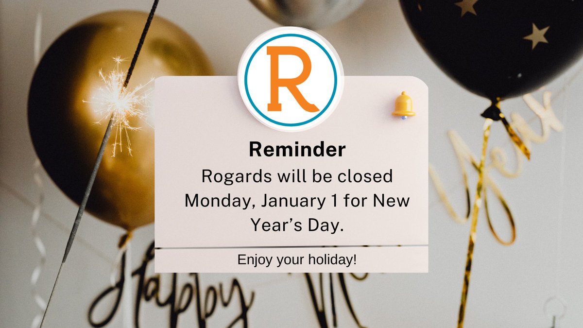 RogardsCU's tweet photo. Just a quick reminder that we'll be closed on Monday for New Year's Day. We'll be ready to kick off a brand new year on Tuesday. See you then! https://t.co/wc34nEr9Ip
