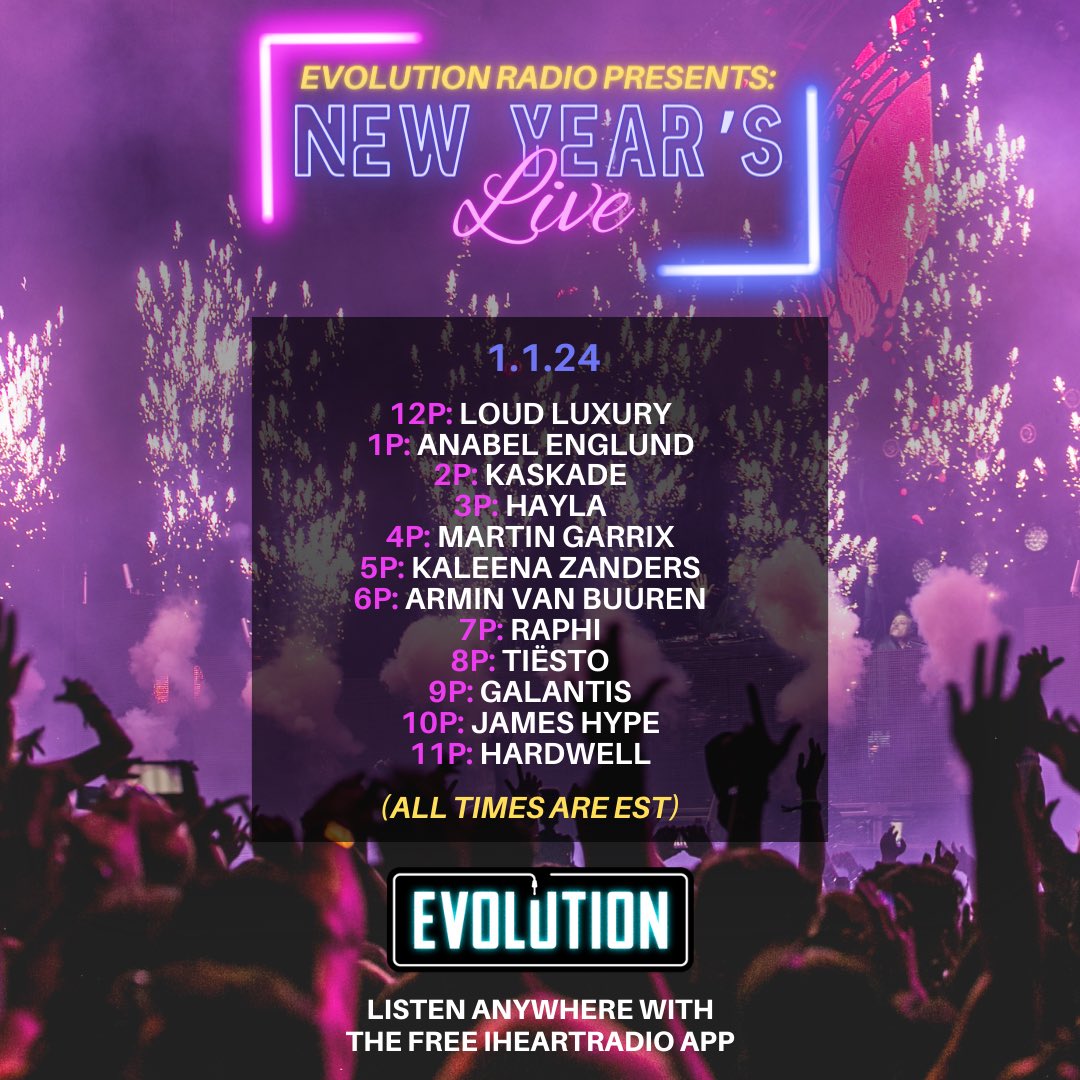 Ring in 2024 with amazing guest mixes from @AnabelEnglund_ , @arminvanbuuren, @wearegalantis, @HARDWELL, @haylasings, @JamesHYPE, @KaleenaZanders, @kaskade, @LoudLuxury, @MartinGarrix, @Raphimusic, & @tiesto! Tell Alexa to play Evolution on @iHeartRadio: evolution.iHeart.com/listen