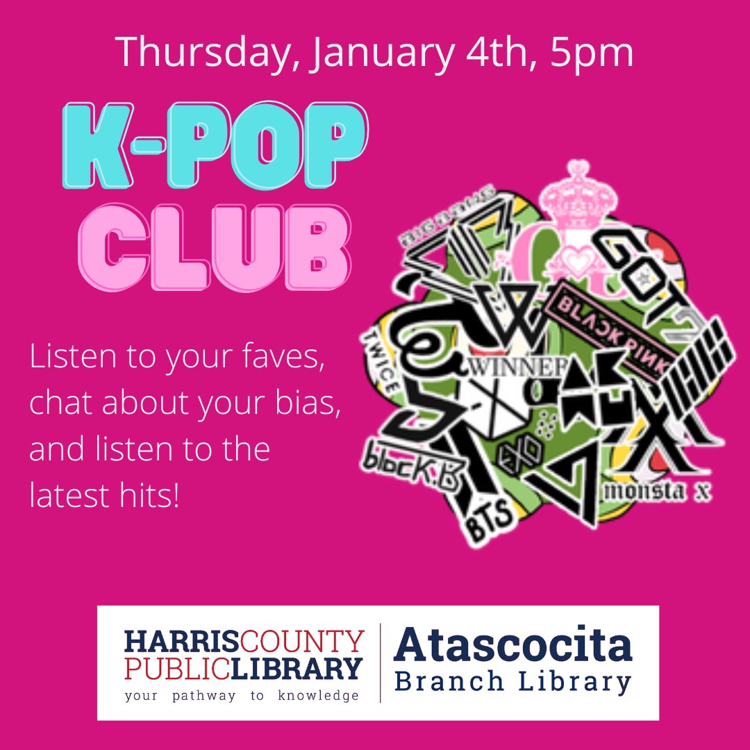 Listen to the latest hits and chat about your faves this Thursday at 5pm! #hcplteens #harriscountypl #KPOP