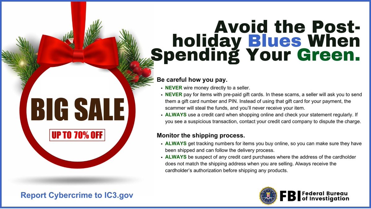 Post-holiday sales can be tempting, both for you and the criminal. Remember these few tips and learn more at ow.ly/j26v50QmAhw.