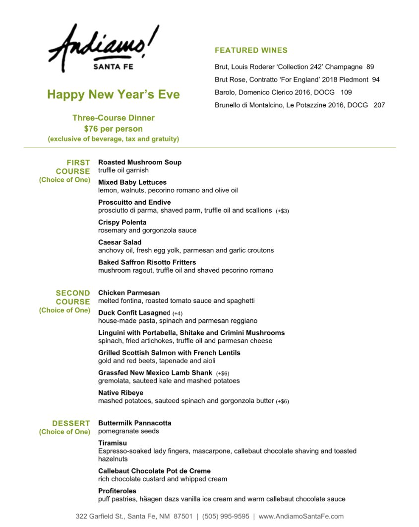 AndiamoSantaFe's tweet photo. We invite you to join us this Sunday for our annual NYE dinner featuring a delicious 3-course prix fixe menu. Several great champagne options will be available as well.

It's the perfect way to start your New Year's Eve. 

Book your table now on Resy or https://t.co/LZwH21soSI 🥂 https://t.co/MSTJMqeTMV