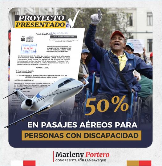 marleny_portero's tweet photo. #ProyectoPresentado 💪 || He presentado el Proyecto de Ley N°6736 que establece el beneficio del descuento del 50% en pasajes aéreos para personas con discapacidad. Seguimos trabajando. https://t.co/mSeOYbe9BN
