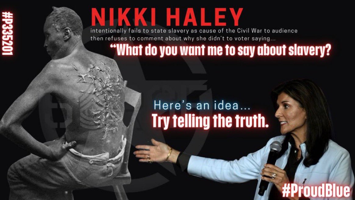 #ProudBlue #ProudWokeHistory 
Nikki, seems to me you have a hard time parting your clinched teeth and speaking the truth! The Civil War was about SLAVERY. Try telling the truth, is that so hard? Whoops, I forgot, you are a  Republican 🙄