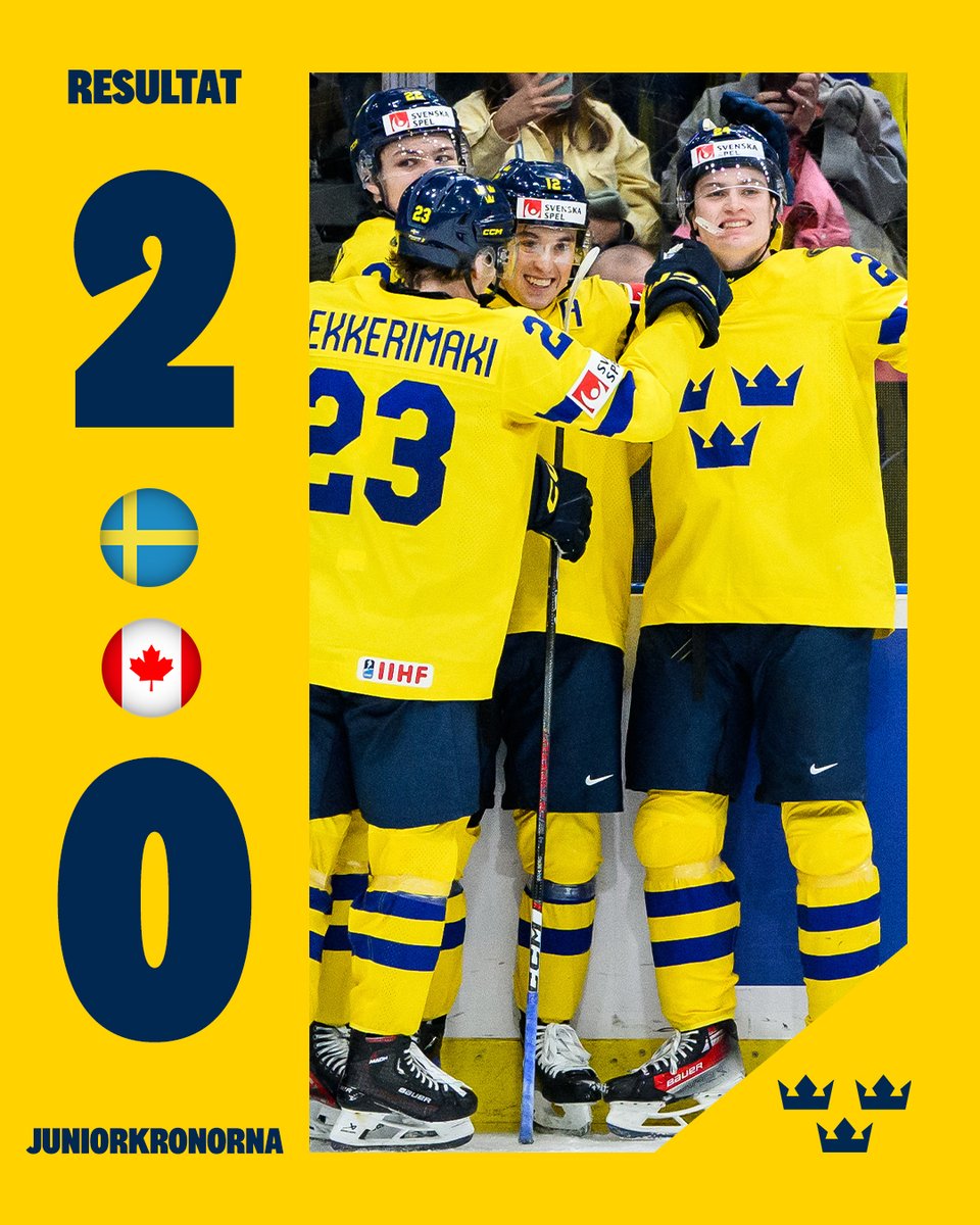 Trekronorse's tweet photo. En härlig hockeykväll i Göteborg 🇸🇪🙌
Juniorkronorna tar tredje raka JVM-segern, när Kanada besegras med 2-0 inför en magisk publik i Scandinavium. 
Tack för stödet, Sverige! ❤️
🚨 Tom Willander, Noah Östlund
🥅 Hugo Hävelid, 21 räddningar https://t.co/qZpBNgwMLr