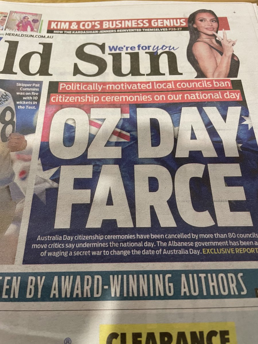Farcical front page in the Herald Sun listing 80 councils choosing not to do a citizenship ceremony on January 26. We do them every month so why does one have to be on this controversial date?